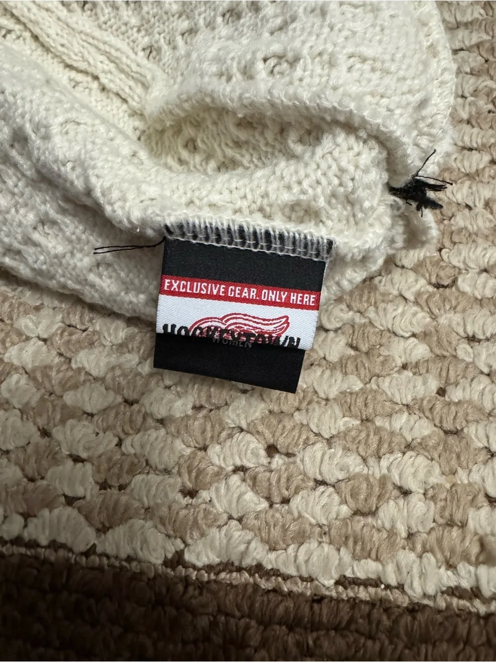 Cream Cable-Knit Pom Beanie with Red Wing Patch